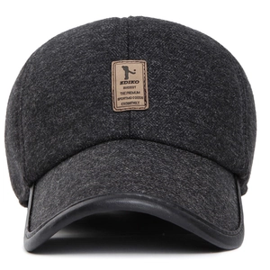 Men's dark gray wool baseball cap with leather trim and decorative patch for winter