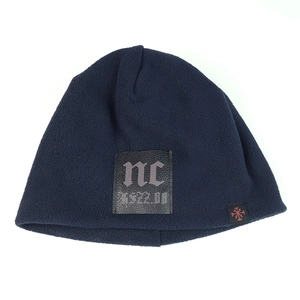 Winter thermal double-layered fleece beanie in navy blue with stylish leather patch logo