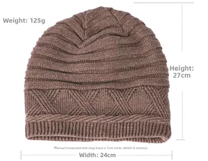 Detailed flat lay of a brown knit beanie showing dimensions 24cm by 27cm and 125g weight