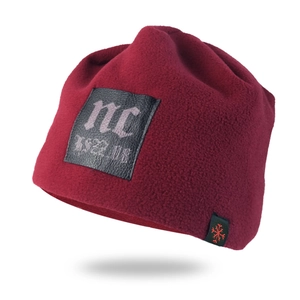 Winter thermal burgundy fleece beanie with decorative leather patch and snowflake label