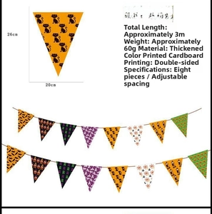 Detailed specs of Halloween pumpkin paper bunting banner with dimensions and 3m length