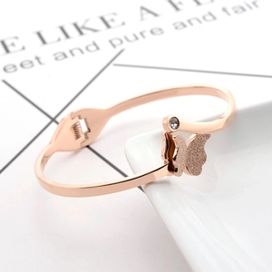18K rose gold plated butterfly open bangle with frosted finish and diamond accent