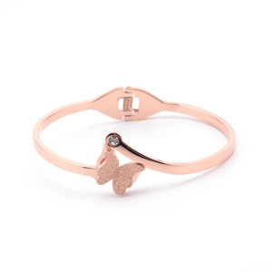 18K rose gold plated butterfly bangle with frosted finish and sparkling zircon stone