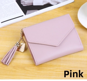 Pink short wallet with litchi grain leather and tassel heart pendant detail