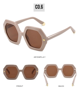 Three-view detail of nude geometric sunglasses with hex rivets and brown lenses