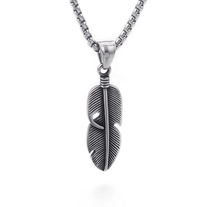 Vintage hollow feather pendant necklace in silver stainless steel for men on white background