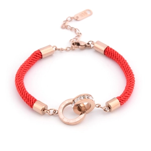 Rose gold double ring red string bracelet with roman numerals and sparkling zircons
