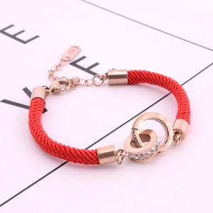 Red Braided Rope Bracelet Titanium Steel Rose Gold Interlocking Double Rings Roman Numerals Zircon Fashion Jewelry Women