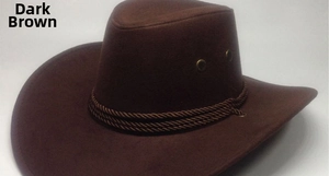 Detailed view of the dark coffee suede cowboy hat featuring woven ropes and metal vents