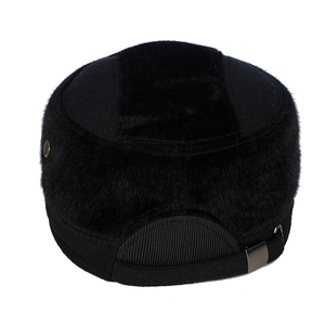 Winter black thick flat top cap with wool blend and faux fur ear warmers for men