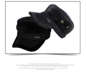 Close-up of winter flat top caps with warm faux fur lining and JEANS logo patch