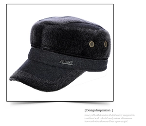 Detail of winter flat top cap with plush fur lining and metal jeans newwear emblem