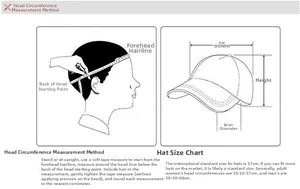 Size guide showing head circumference measurement steps and hat dimensions for adults
