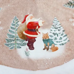 Christmas tree skirt with Santa Claus and fox illustration on soft beige fabric