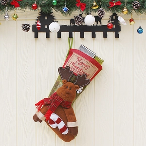 Festive Christmas stocking with 3D reindeer and Merry Christmas embroidery on wood wall