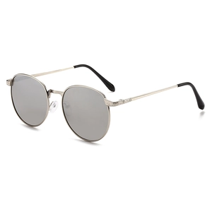 Retro oval metal sunglasses with engraved spring temples and silver mirrored lenses