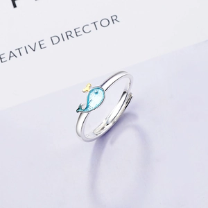 Cute whale open ring in silver with blue enamel detail and adjustable band for women