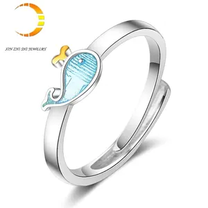 Korean Sweet Blue Whale Open Adjustable Ring Copper Enamel Sea Animal Finger Ring For Women Cute Dolphin Jewelry Gift