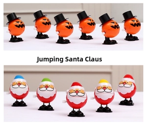 Detail of wind-up jumping pumpkin and Santa Claus toys showing clockwork mechanisms