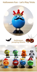 Collection of eight Halloween wind-up jumping toys featuring pumpkin and skull characters