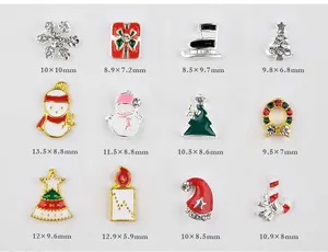 Detailed size chart for 12 Christmas alloy nail art charms including snowflake and snowman