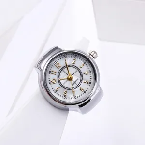 Creative silver finger ring watch with pearlescent white dial and gold numerals