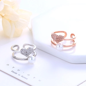 Artificial Pearl Heart Double Layer Open Ring Adjustable Copper With Cubic Zirconia Korean Style Minimalist Jewelry For Women