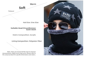 Detail of warm knit beanie and neck warmer set with star pattern and soft fleece lining