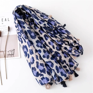Leopard print cotton linen scarf for women with tassels and blue animal pattern