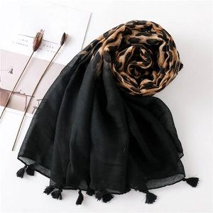 Leopard print gradient cotton linen scarf with black fringe tassels for women
