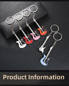 Colorful guitar keychains set in six vibrant colors displayed on a black textured surface