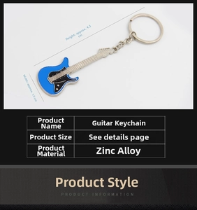 Detailed view of blue guitar keychain with 4.5cm height and zinc alloy construction