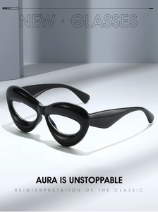 Macro detail of high-gloss black cat-eye frame with thick temples and retro-modern design