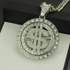 Iced out spinning dollar sign pendant necklace with shiny rhinestones in silver finish