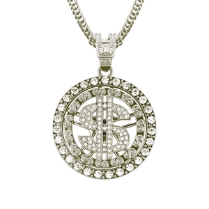 18K gold plated hip hop pendant necklace with dollar sign and sparkling crystals