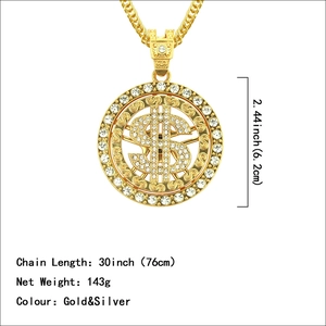 Hip hop rotating dollar sign pendant necklace with gold and silver rhinestones