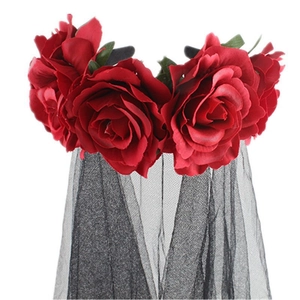 Detail of gothic headband with red roses and black mesh veil for Halloween parties