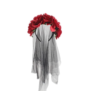 Gothic Halloween Rose Flower Headband With Long Black Mesh Veil Day Of Dead Carnival Party Hair Accessories For Women