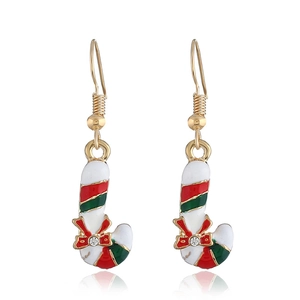 Christmas candy cane drop earrings with red bow and crystal in gold finish