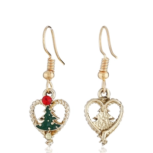 Christmas heart drop earrings with green tree and red rhinestones in gold finish