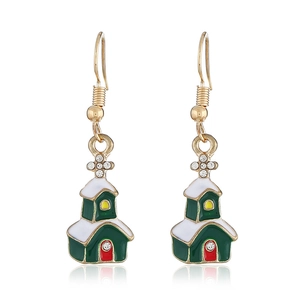 Christmas green snow house drop earrings with gold finish and rhinestone cross