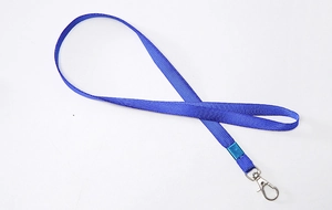 Close-up of blue polyester ID lanyard with metal lobster clasp and swivel hook