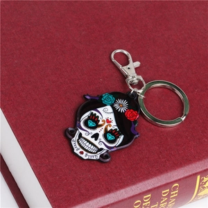 Macro detail of acrylic skull keychain with colorful enamel on dark red book