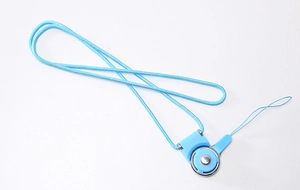 Detail of light blue nylon lanyard with quick release buckle and metal lobster clasp hook