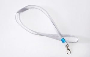 Detailed view of grey lanyard with a blue metal clip and silver swivel hook for IDs
