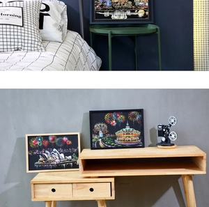 DIY colorful night scene scratch art displayed in a modern home bedroom with wooden frames