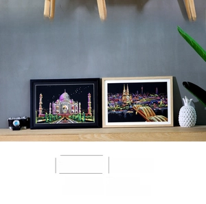 Detail of world architecture scratch art city night view in black and wooden frames