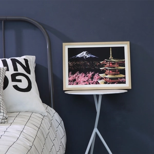 Japanese Night View Scratch Art Decor with Mount Fuji and Pagoda in Wooden Frame