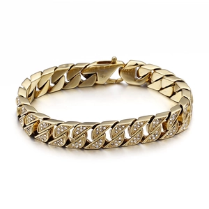 Bold golden Cuban link bracelet with half iced-out diamonds and half polished metal