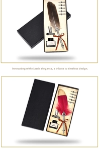 Vintage quill pen set with five nibs, engraved holder and ink bottle in a luxury gift box